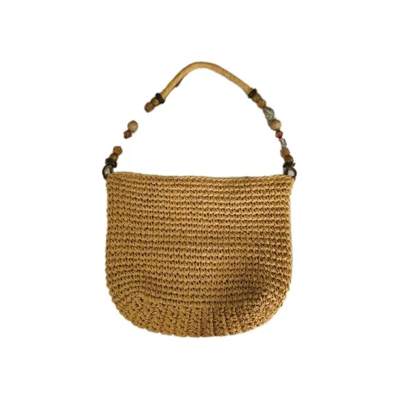 Vintage Cappelli Straworld Woven Shoulder Bag Purse Tan Beaded Strap - Picture 3 of 6